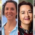 Four headshots of diverse individuals, each smiling, with varied expressions and backgrounds.